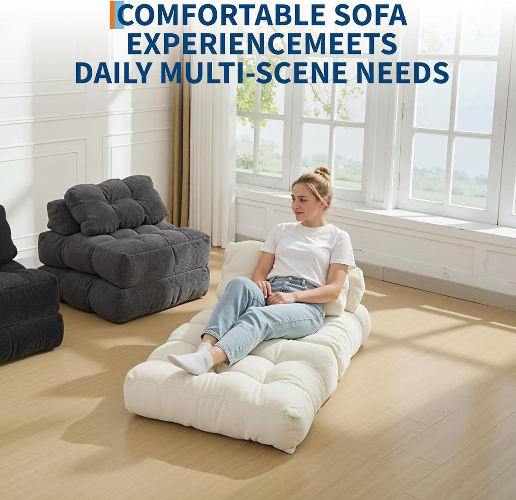Folding Sofa Bed, 3-in-1 Convertible Sleeper Chair with Pillow, Single Futon Couch Bed with Back Support, Portable Fold Out Chair Bed Comfy Floor Sofa Lounge for Living Room Bedroom, Beige