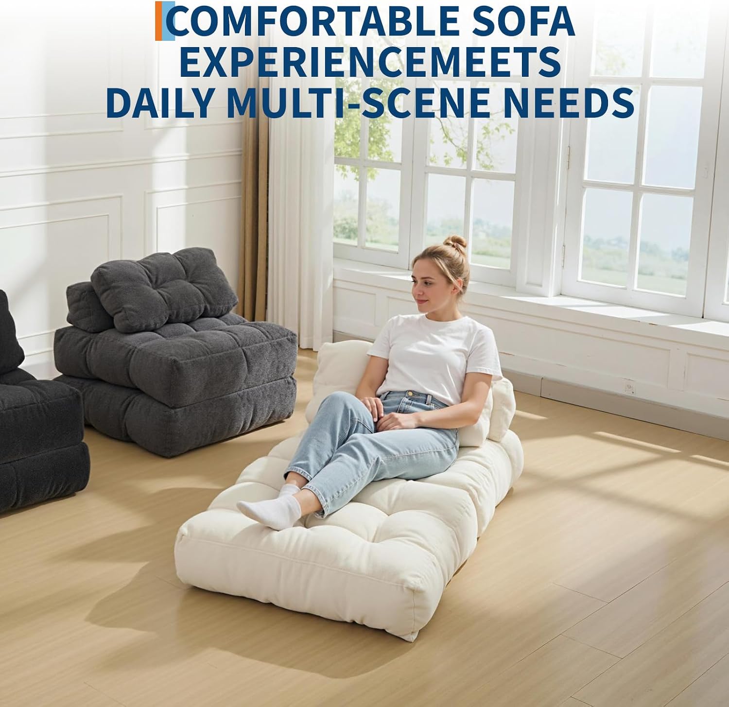 Folding Sofa Bed, 3-in-1 Convertible Sleeper Chair with Pillow, Single Futon Couch Bed with Back Support, Portable Fold Out Chair Bed Comfy Floor Sofa Lounge for Living Room Bedroom, Beige