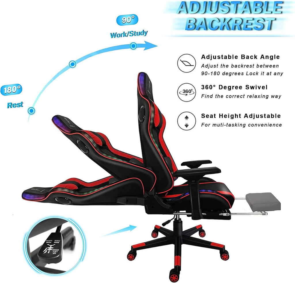 Massage Gaming Chair, High Back Office Computer Chair with Speakers and RGB Lights, Recliner Chair Music Video Game Chair with Headrest and Lumbar Support for Home Office,Black