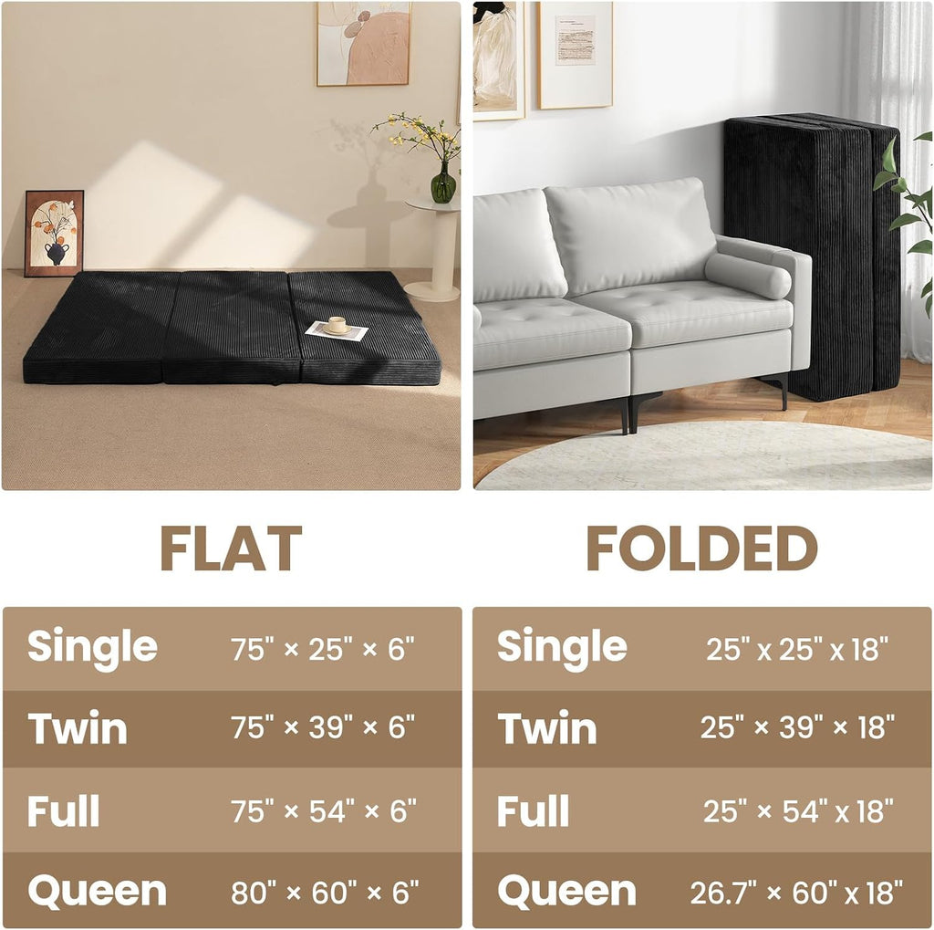 6-Inch Tri-Folding Mattress Full Size - Foldable Futon Sofa Bed with Removable Washable Cover, Folding Mattress | Non-Slip Bottom & Carry Handles for Guest, Camping, Dorm
