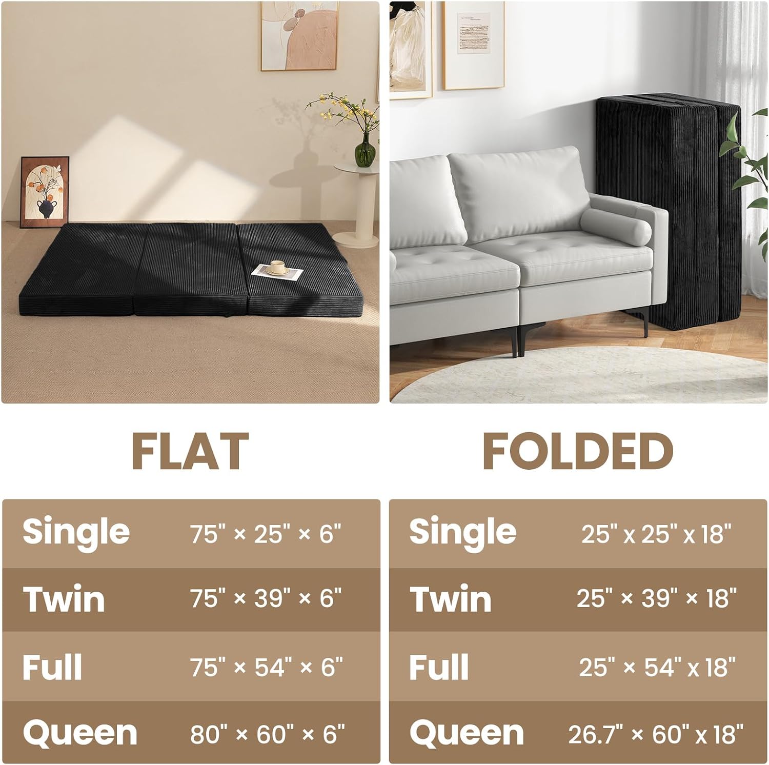 6-Inch Tri-Folding Mattress Full Size - Foldable Futon Sofa Bed with Removable Washable Cover, Folding Mattress | Non-Slip Bottom & Carry Handles for Guest, Camping, Dorm