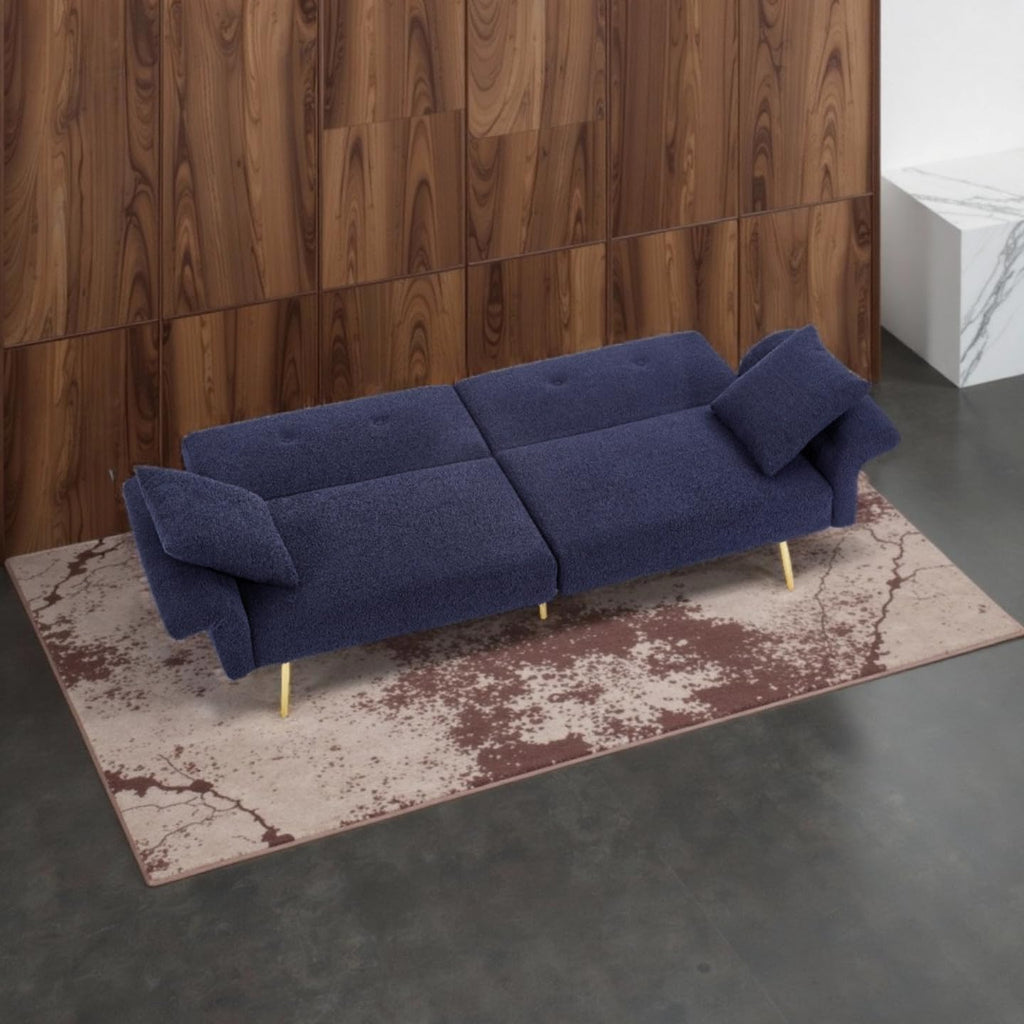 69.5' Convertible Futon Sofa Bed with Adjustable Backrest and Armrests, Teddy Upholstered Loveseat Sleeper Couch with 2 Pillows and Metal Legs Love Seat for Guest Room Living Room (Dark Blue)