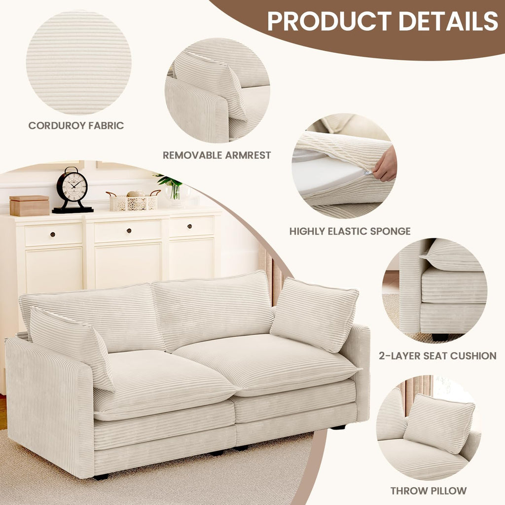 ROWHY 78'' Sectional 2 Seat Cloud Loveseat with 2 Throw Pillows, Modern Corduroy Love Seat, Cozy Sofa for Living Room, Office and Bedroom, Beige