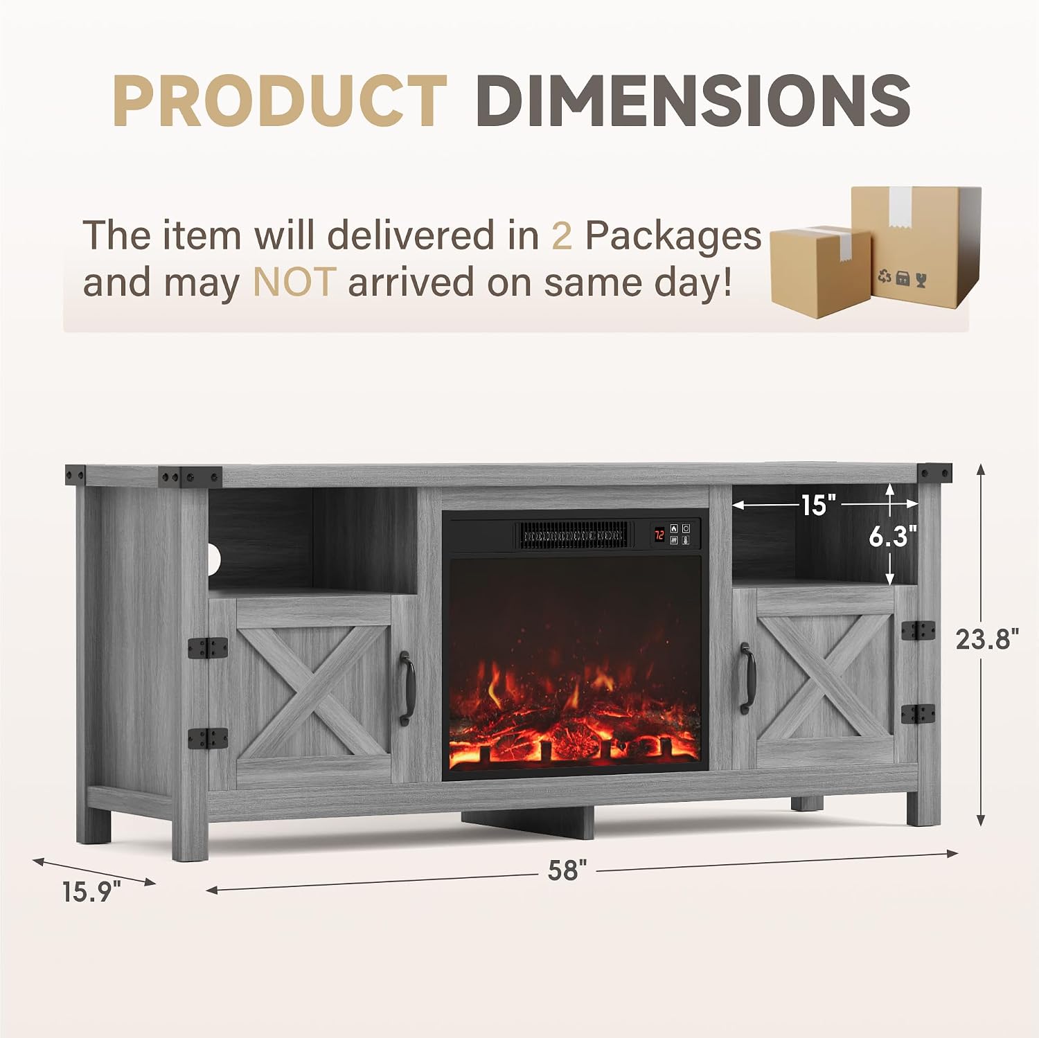 Furmax Entertainment Center with Fireplace, Fireplace TV Stand with Storage Cabinets and 2 Open Shelves, Modern Media TV Console for Living Room (Light Grey)