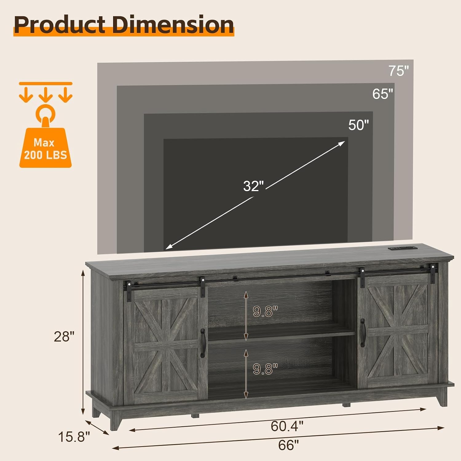 GarveeLife 66 in Farmhouse Sideboard Buffet Cabinet with Power Outlets, Entertainment Center with Sliding Barn Door & Large Storage Cabinets w/Adjustable Shelf, 28 in Tall TV Media Console, Dark Grey