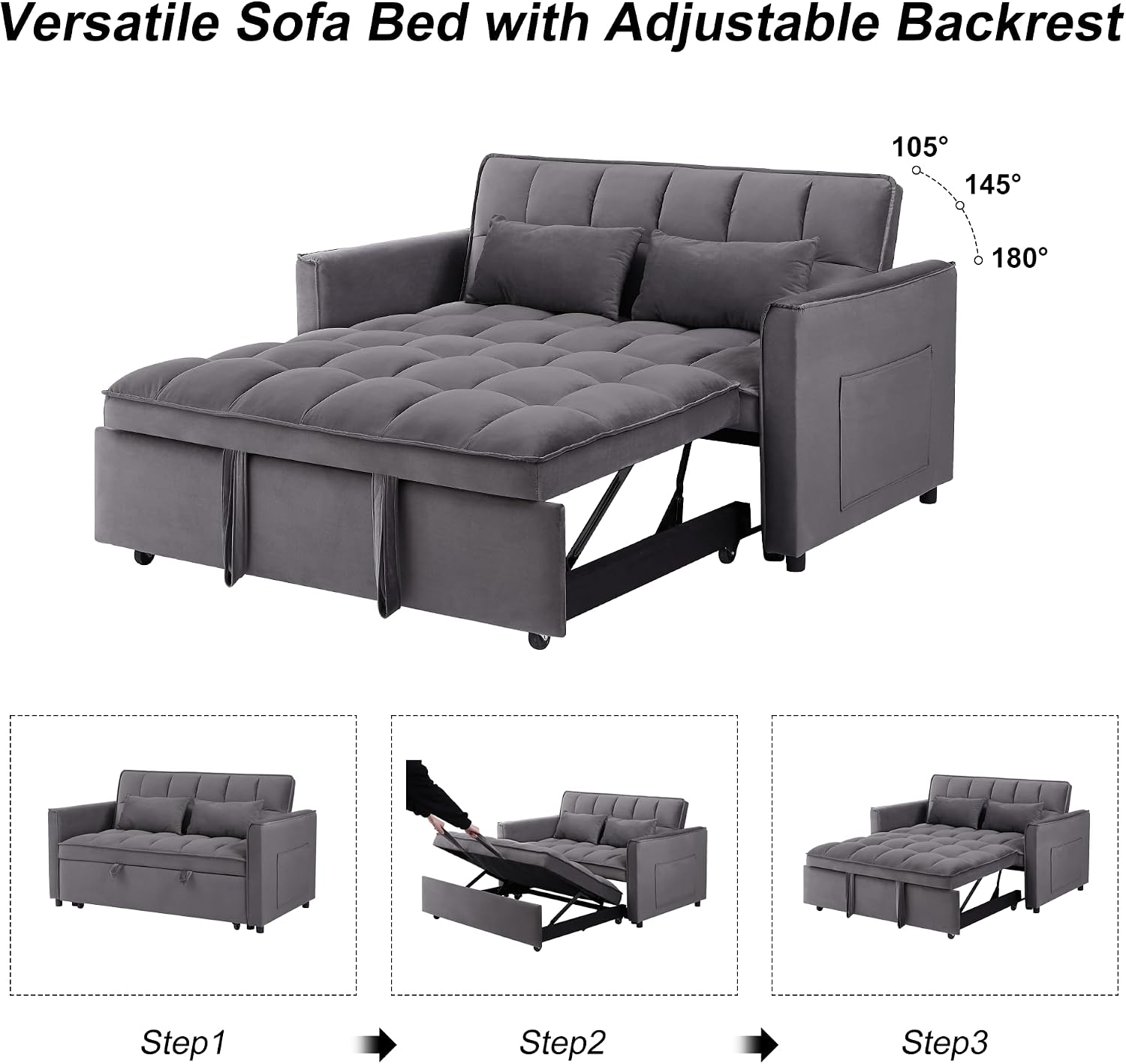 Oversized 3-in-1 Convertible Sleeper Sofa Bed, Futon Couch with Pullout Bed, 2-Seater Loveseat Sofa w/Pockets, Adjustable Backrest and Pillows for Living Room Apartment (55INCH-Dark Gray)