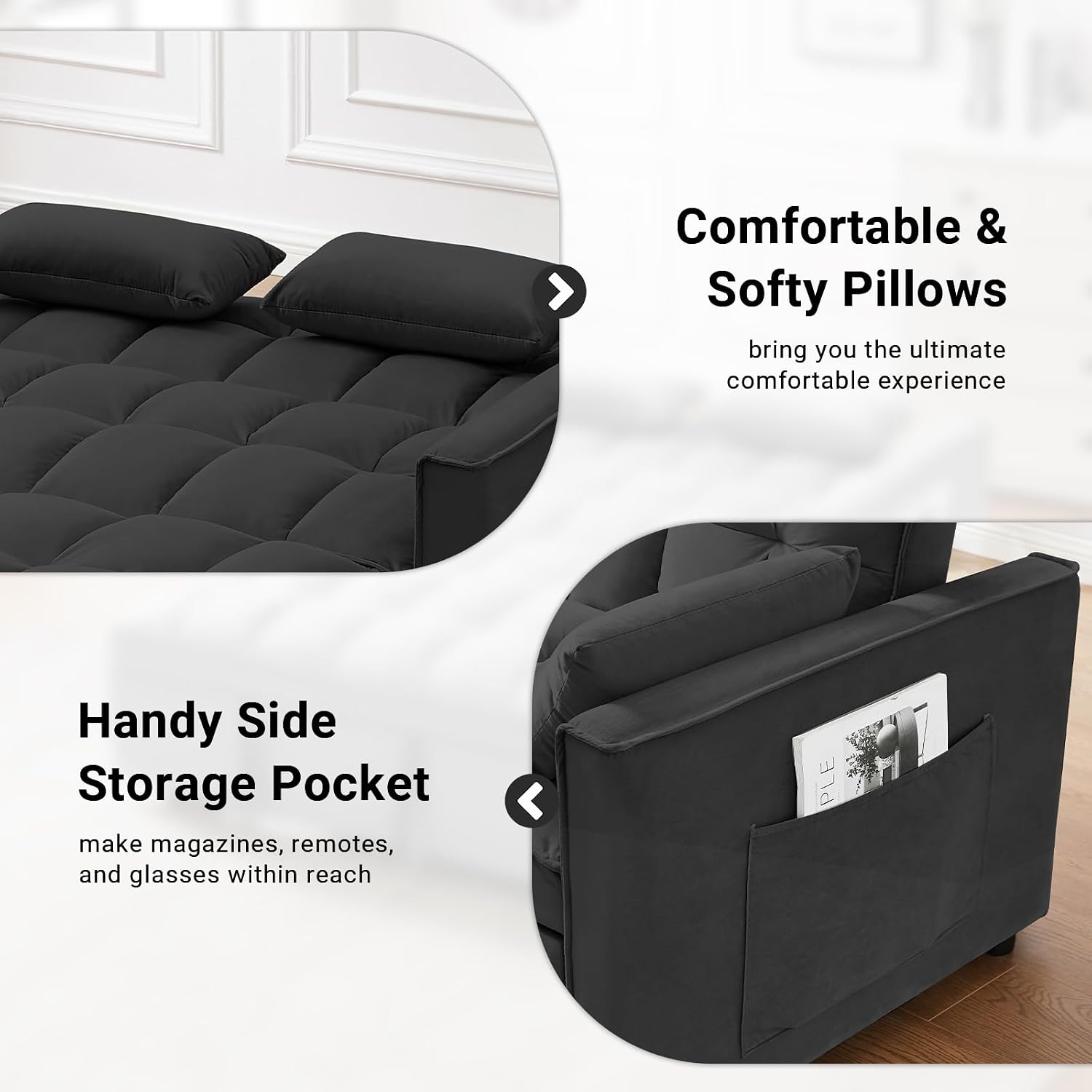 Rovibek 3 in 1 Sleeper Sofa Bed, Pull Out Couch, Convertible Futon Loveseat with krest, Dinotefuran Living Room Chaise Lounr Home Apartment Office, Black