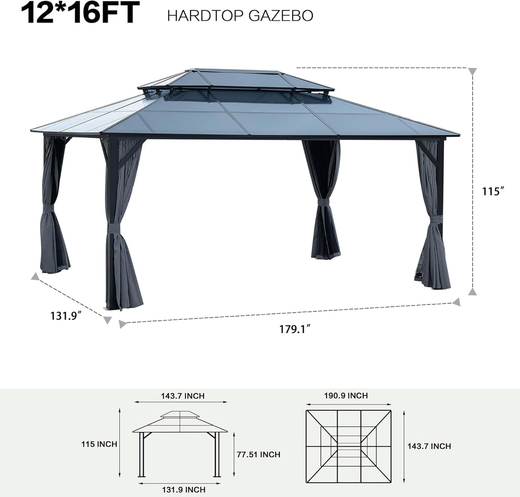 12' x 16' Gazebo Polycarbonate Double Roof Canopy Outdoor Aluminum Frame Pergola, Permanent Pavilion with Netting and Curtains for Garden Patio Lawns Parties
