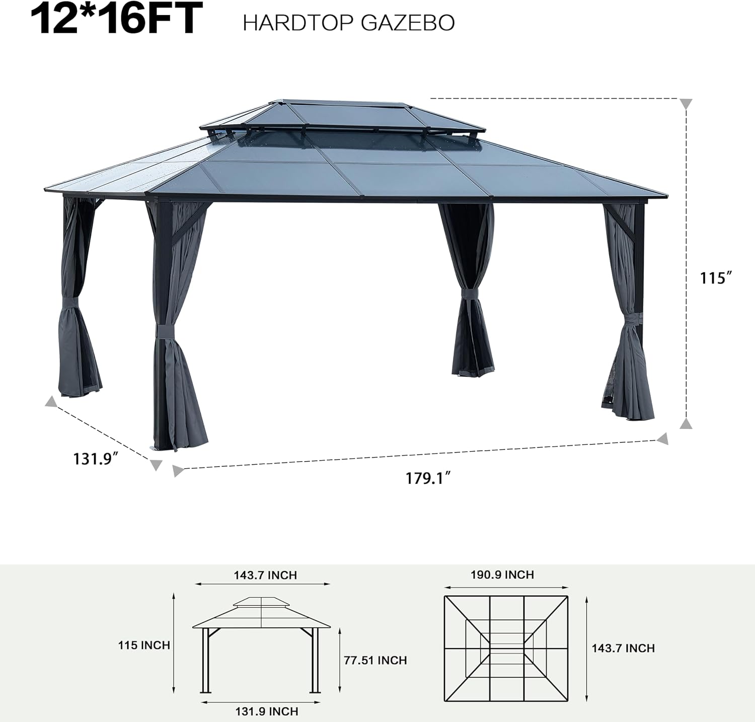 12' x 16' Gazebo Polycarbonate Double Roof Canopy Outdoor Aluminum Frame Pergola, Permanent Pavilion with Netting and Curtains for Garden Patio Lawns Parties