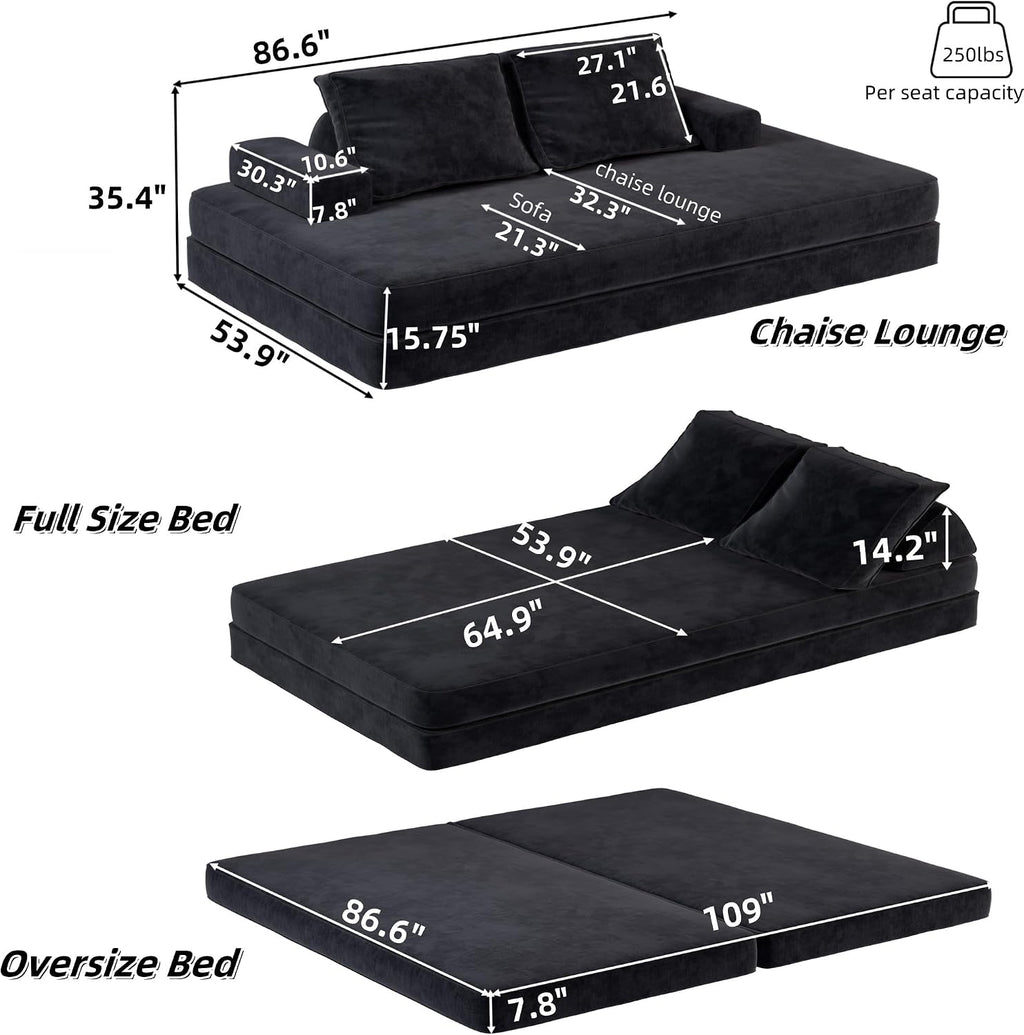 86.6' Queen Floor Sleeper Sofa Bed | Convertible Foam Folding Mattress Couch | King Size Futon Couch Bed for Adjustable Backrests | Sleeper Lounge Chair for Living Room, Playroom, Apartment, Dark Grey