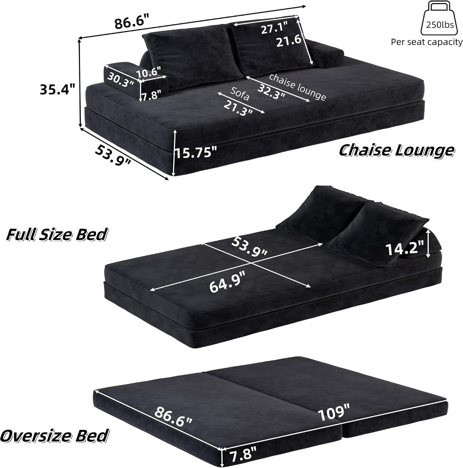 86.6' Queen Floor Sleeper Sofa Bed | Convertible Foam Folding Mattress Couch | King Size Futon Couch Bed for Adjustable Backrests | Sleeper Lounge Chair for Living Room, Playroom, Apartment, Dark Grey