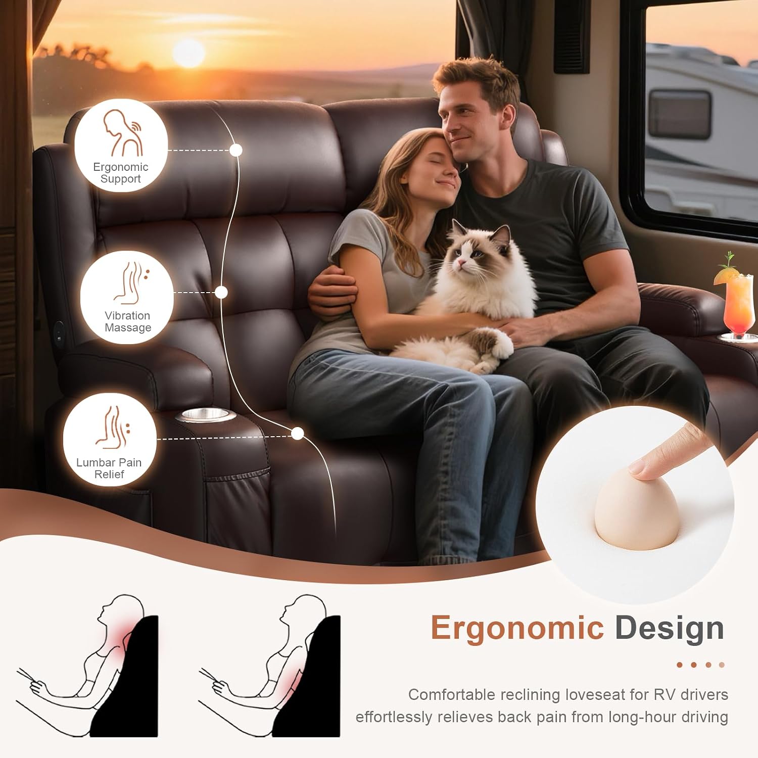 RV Loveseat Recliner Sofa, Wall Hugger Massage Reclining RV Couch with USB, Insert Pockets, Cup Holders, 150° RV Recliners Sleeper Sofa for RV Furniture & Travel Trailers & Home Theater Seating
