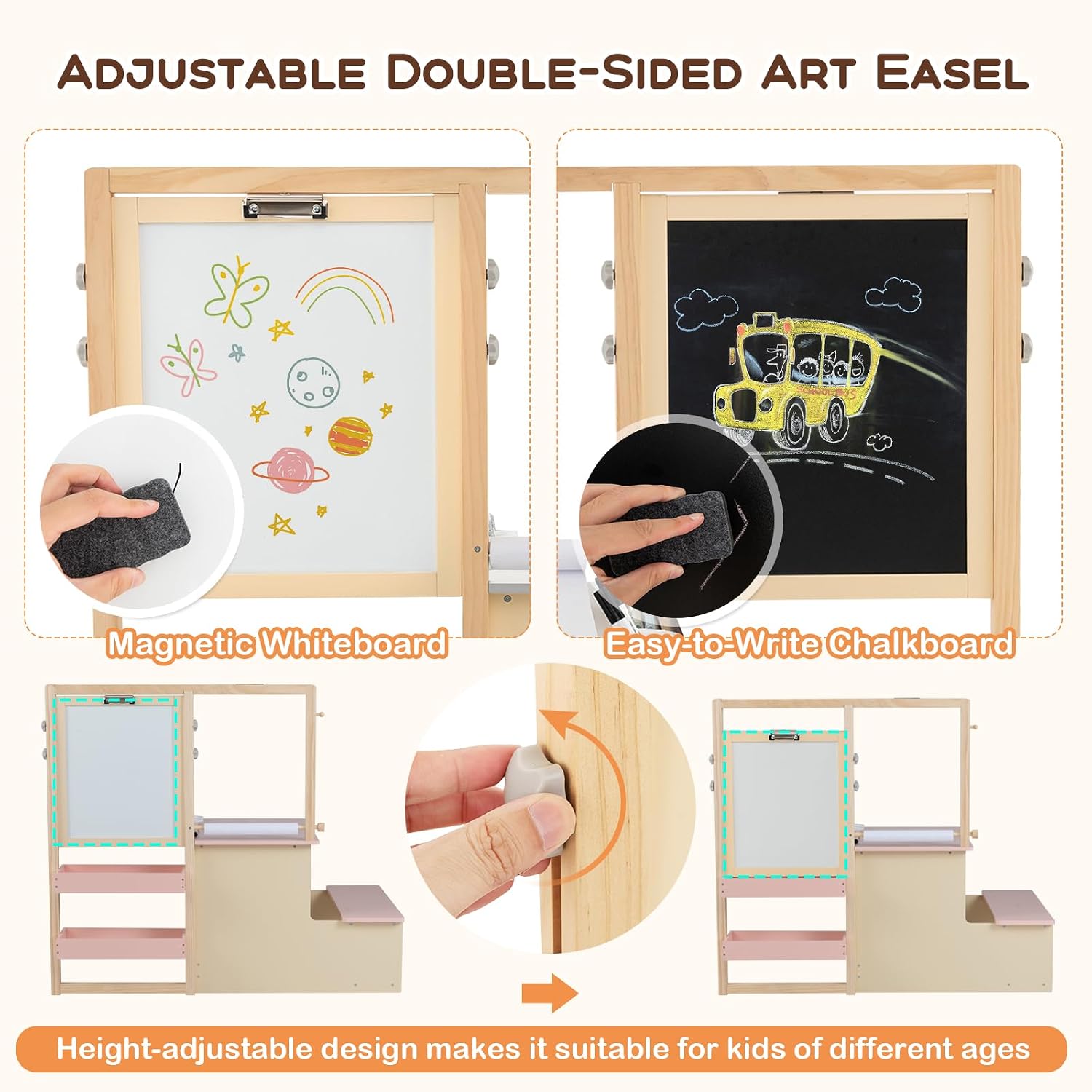 HONEY JOY Kids Art Easel, 6-in-1 Wooden Double-Sided Toddler Table & Chair Set w/Adjustable Magnetic White Board & Chalkboard, Paper Roll, Bookshelf, Storage, Toddler Easel for Kids (Pink)