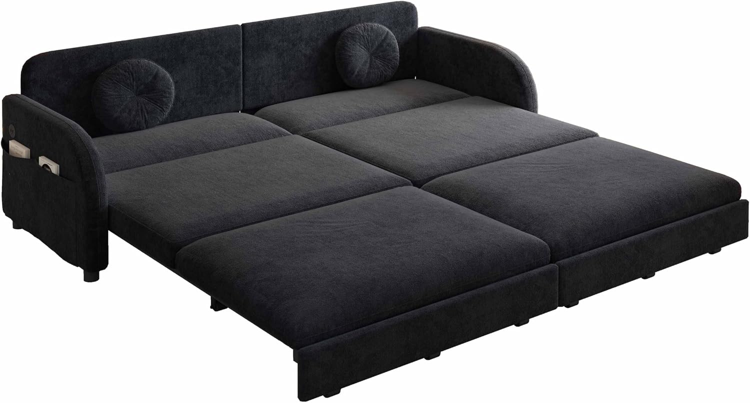 81.1'' Pull Out Couch Bed King Size, Chenille Sleeper Sofa Daybed, 3 in 1 Convertible Couches, Futon Sofa with 2 Pillows, Storage Pockets, USB, 3-Seater for Small Spaces, Living Room, Black