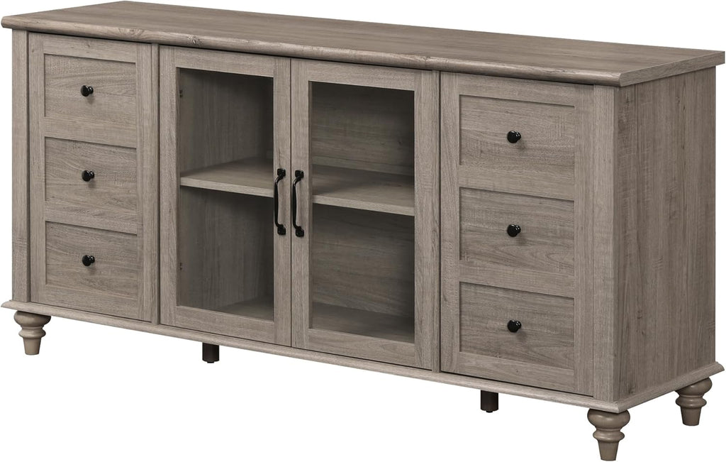 WAMPAT Glass Door Farmhouse TV Stand for TVs up to 65 inch, Wood TV Console Table with Storage Cabinets, Entertainment Center for 32-60 inch TV Console Cabinet, 58 Inch, Grey