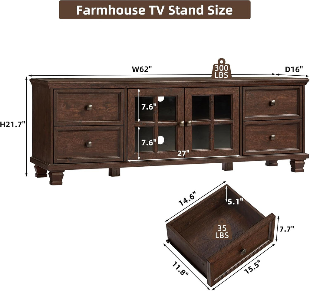 SAVOR LIFE Farmhouse TV Stands for Living Room, Brown Entertainment Center with Storage, Wood TV Console with 4 Drawers, Rustic TV Cabinet for 65 inch TV, Walnut
