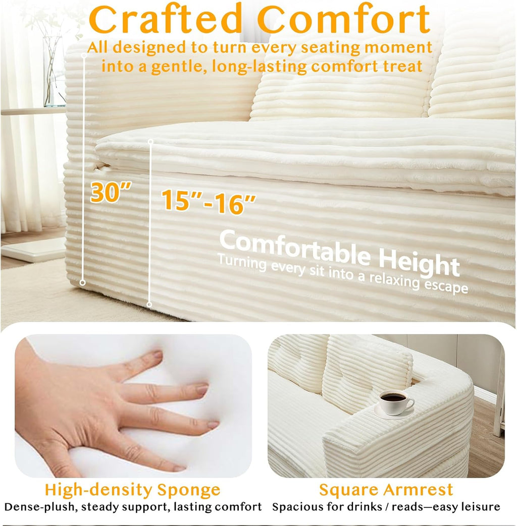 80'' Futon Sofa Bed, King Size Foldable Sleeper Sofa, Corduroy Boneless Loveseat Couch with Chaise Lounge, 3 Pillows, Blanket, Upholstered Sectional Couches for Living Room, Bedroom, Beige