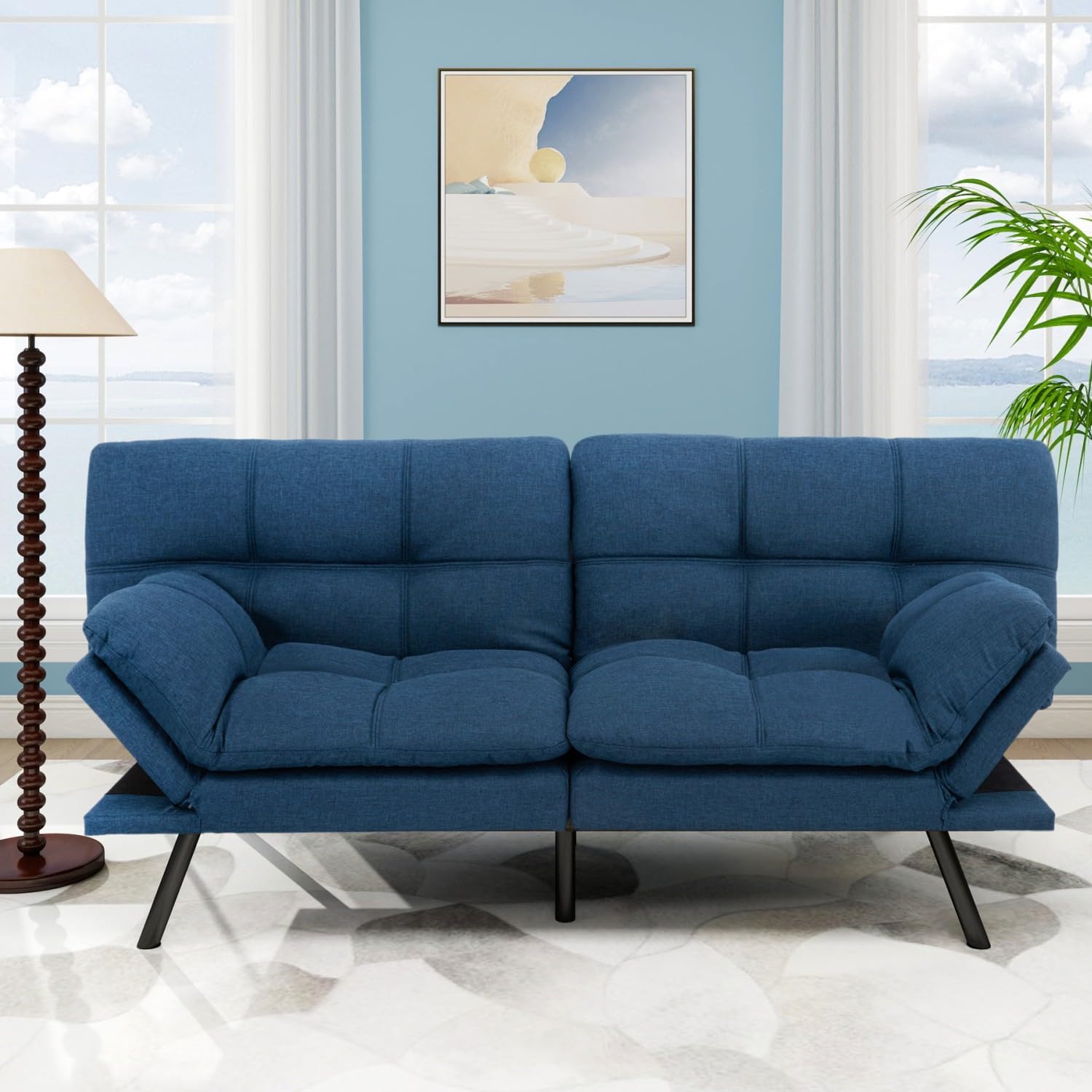 MUUEGM Futon Sofa Bed, 71' Convertible Linen Memory Foam Couch Bed, Modern Backrests Armrests Love Seat for Living Room,Apartment,Office,Blue Sleeper Couch