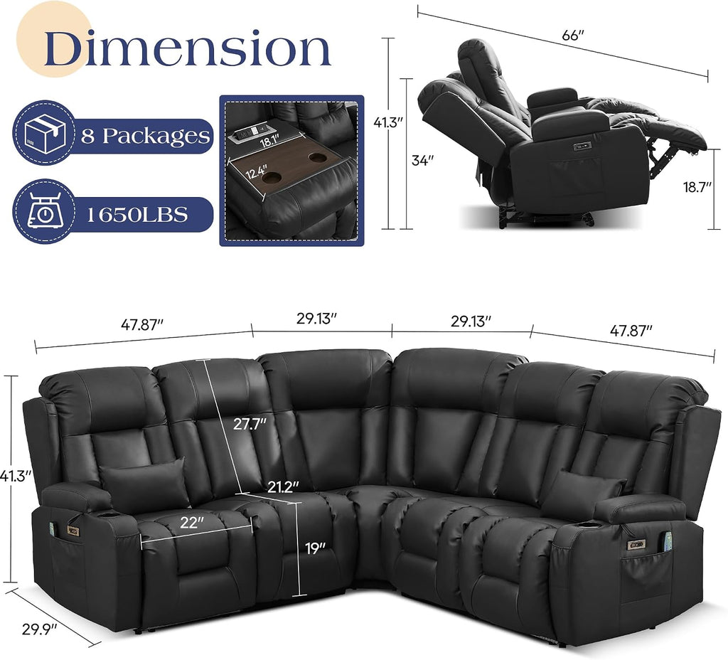 TUNYI Power Loveseat Recliner Sofa with Massage & Heat Home Theater Seating with Console RV Recliner Loveseat Sofa with USB/Storage/Side Pocket/LED Light/Speaker (Black, 4 Seat with Corner)