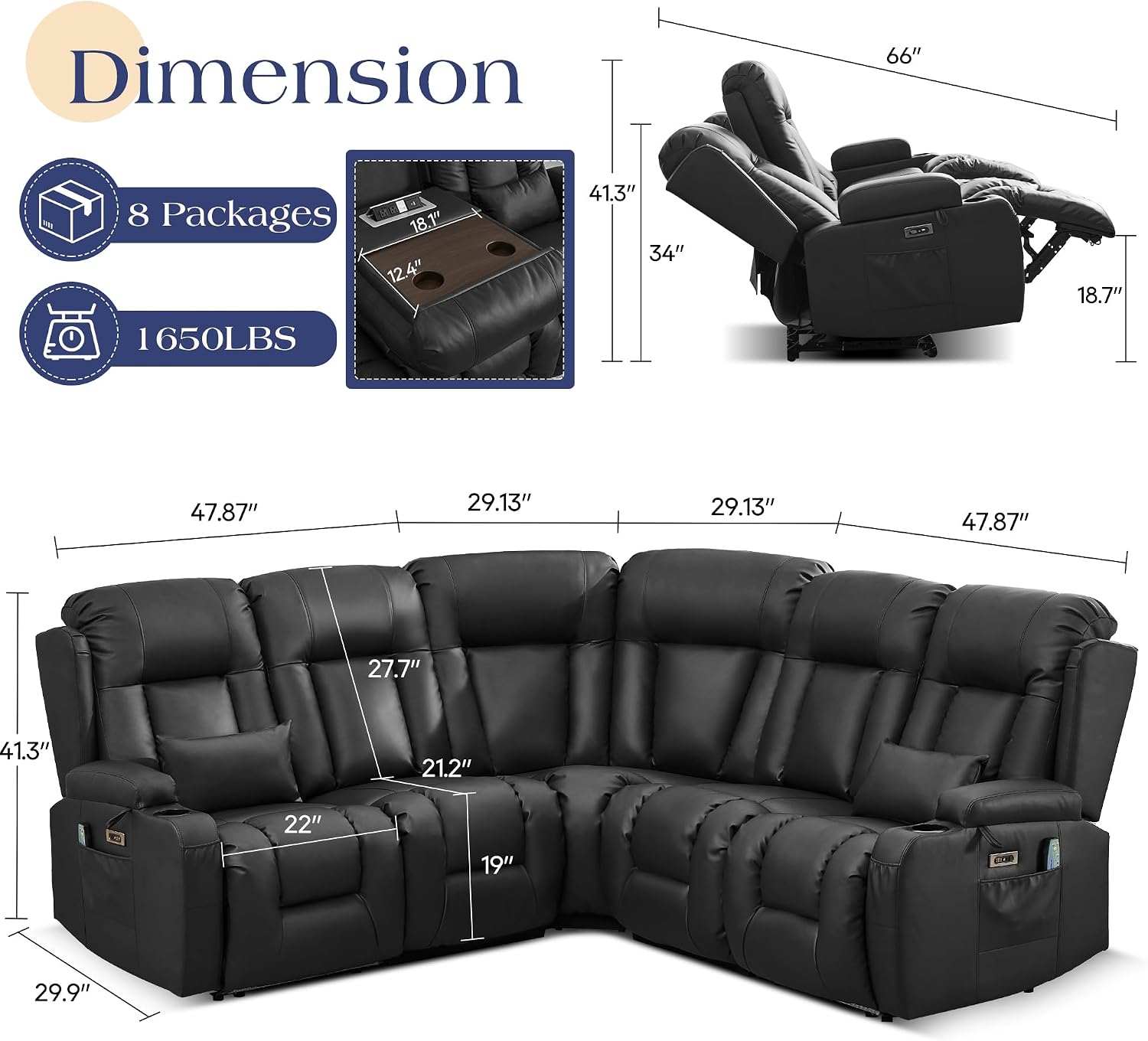 TUNYI Power Loveseat Recliner Sofa with Massage & Heat Home Theater Seating with Console RV Recliner Loveseat Sofa with USB/Storage/Side Pocket/LED Light/Speaker (Black, 4 Seat with Corner)