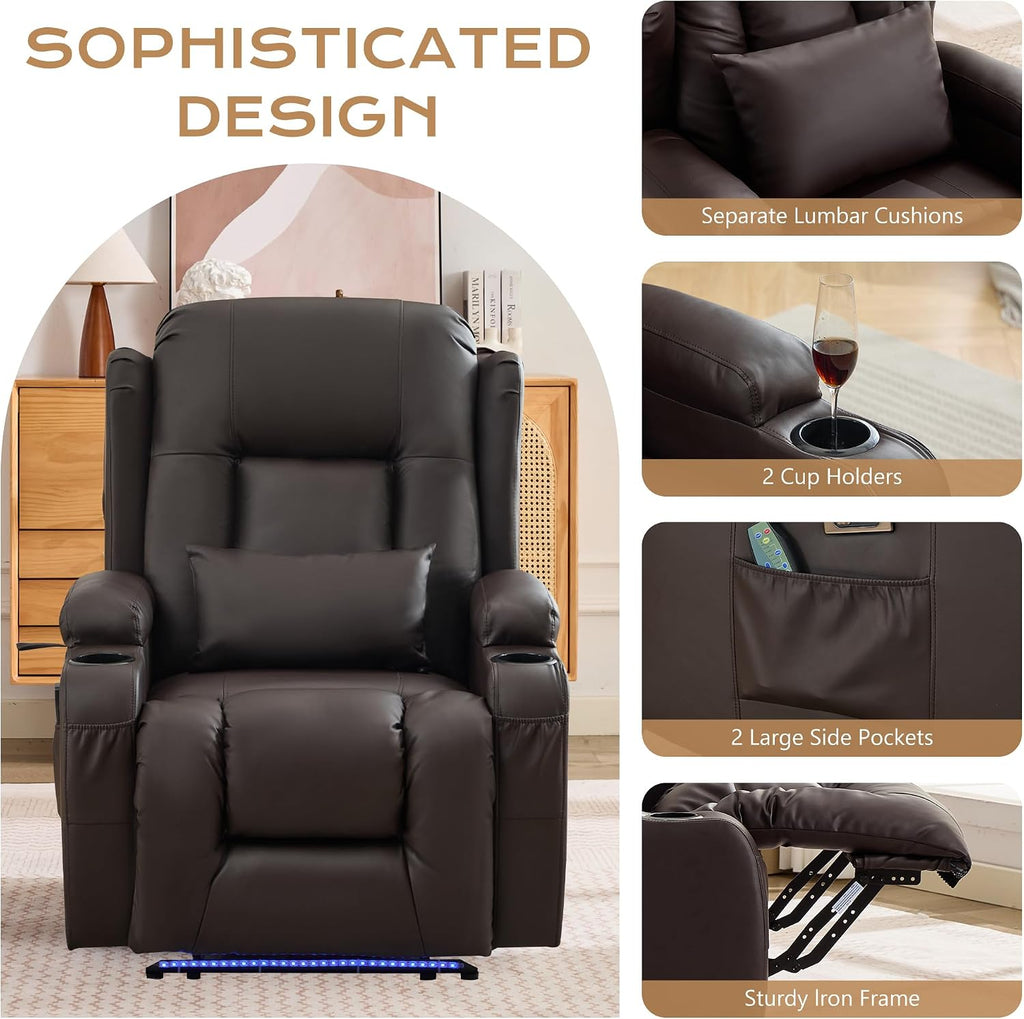 URRED Recliner Chair with Massage and Heat, Power Reclining Sofa Chair Home Theater Seating with LED Ambient Light, USB Ports, Cup Holders, Side Pockets, Faux Leather (Brown, Set of 1)