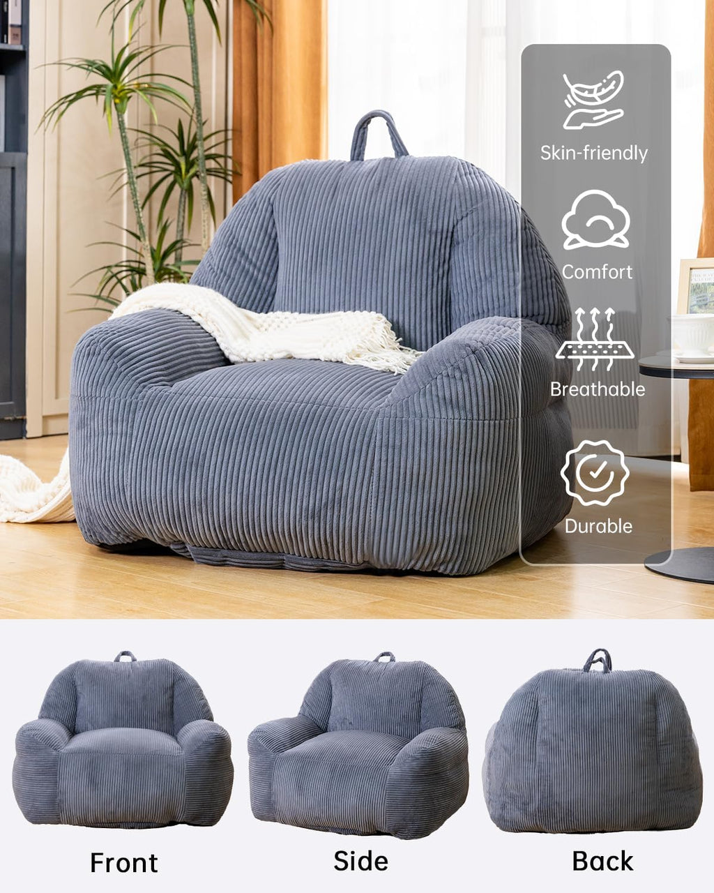 Lamerge Giant Bean Bag Chair for Adults, Oversized Faux Fur Fluffy Sofa with High-Density Memory Foam, Grey Comfy Bean Bag Couch for Reading, Gaming (46' Giant Bean Bag Chair)