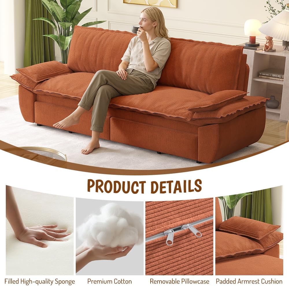 73.2' Sofa Bed Queen, 3-in-1 Pull Out Sofa Bed with Pillow Armrest, Modern Corduroy Convertible Sleeper Futon Sofa for Living Room Small Space, Apartment, Bedroom, Orange