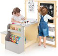 HONEY JOY Kids Art Easel, 6-in-1 Wooden Double-Sided Toddler Table & Chair Set w/Adjustable Magnetic White Board & Chalkboard, Paper Roll, Bookshelf, Storage, Kids Art Table and Chair (Gray)