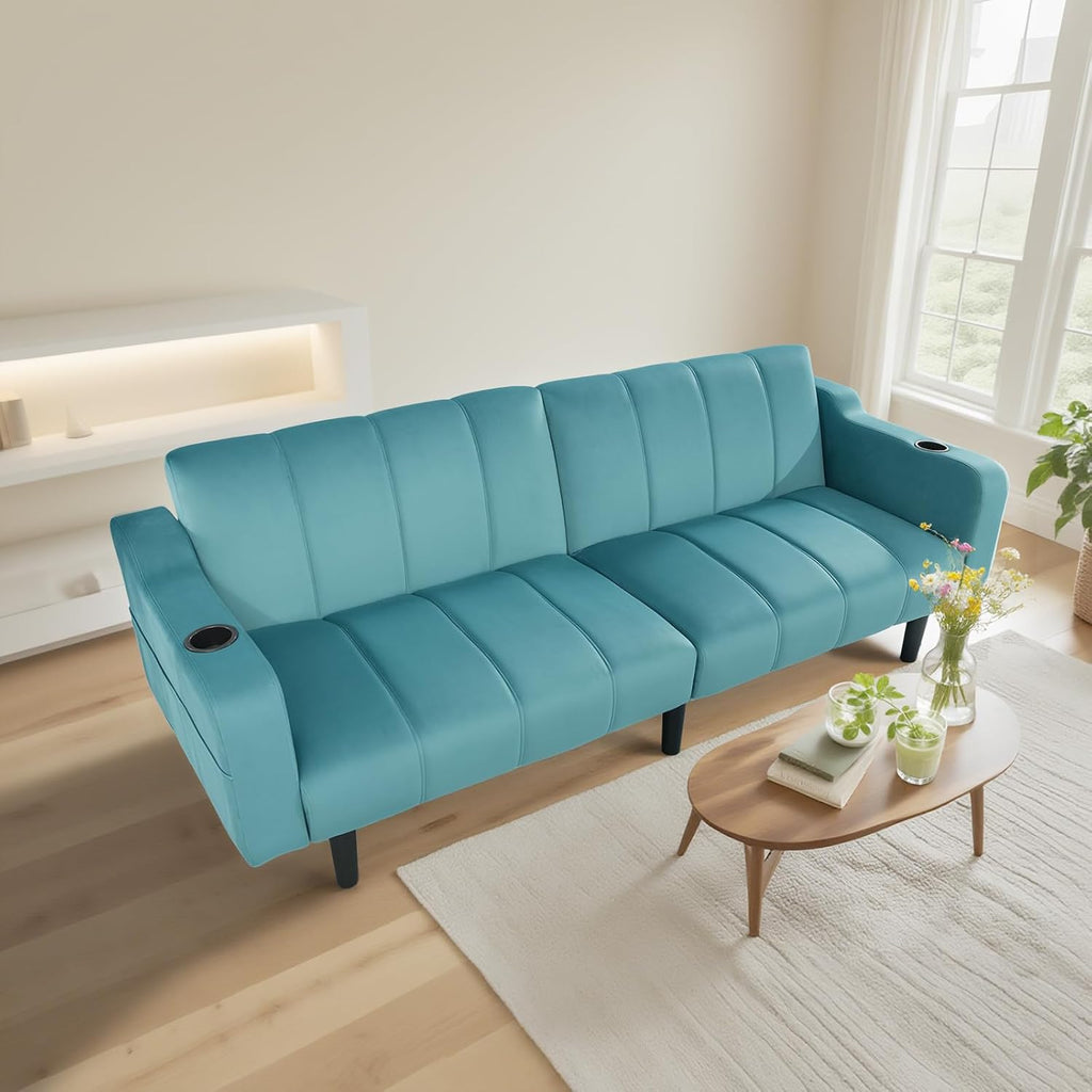 80' Velvet Futon Sofa Bed, Convertible Sleeper Loveseat with Cup Holders & Storage Pockets, Mid Century Modern Couch for Living Room, Bedroom, Office, Small Space (Teal Blue)