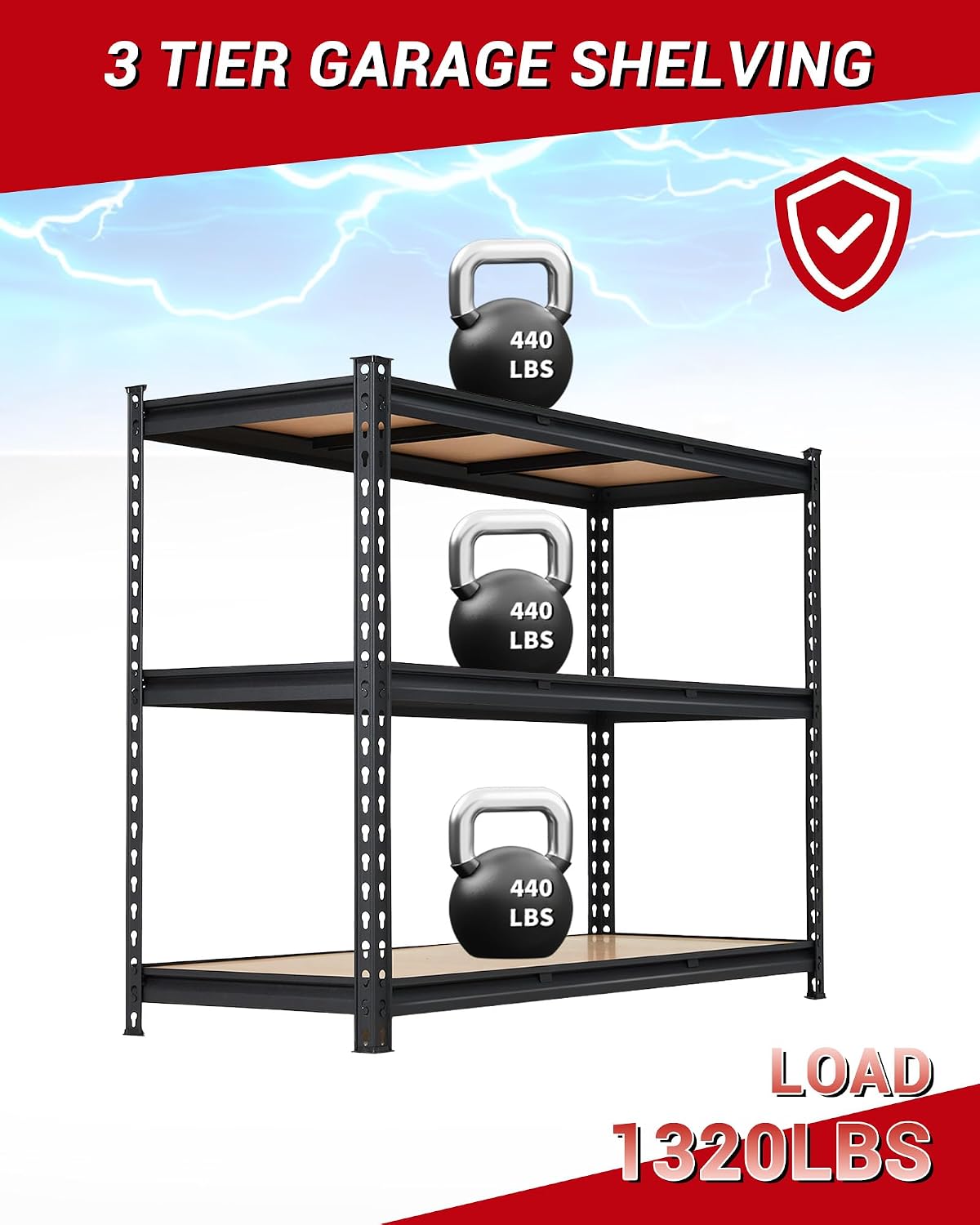 Garvee 3Tier Adjustable Garage Shelving Units, 1320 Lbs Heavy Duty Metal Utility Rack Shelf, 48' W x 24' D x 72' H Inches Storage Shelves, Freestanding Shelving Units for Shed, Basement