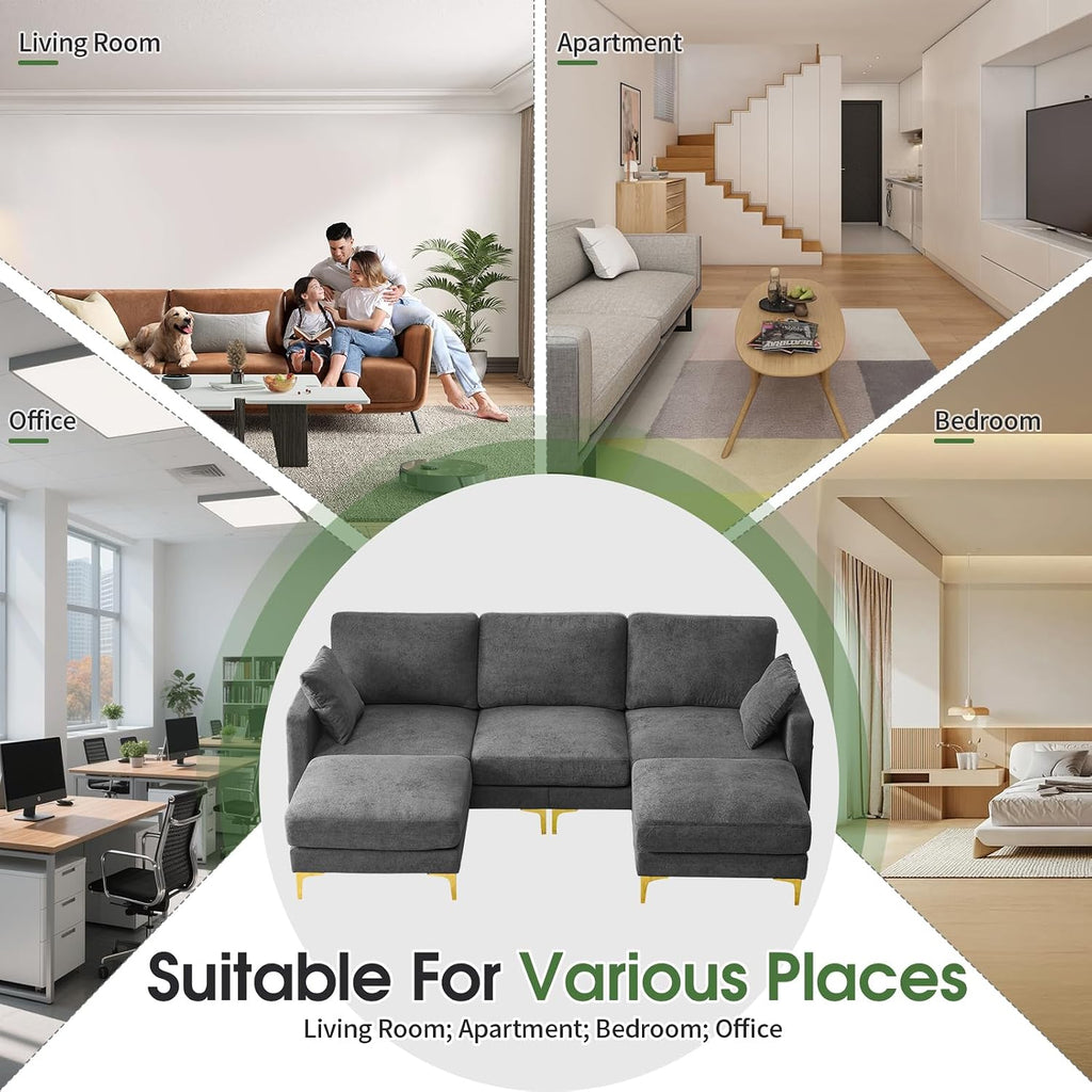 VINGLI 100' W U Shaped Couch with Ottoman, 22' Deep Seat Comfortable Sectional Couches for Living Room, 3 Seater Chenille Fabric Cloud Sofa for Apartment, Small Spaces, Bedroom, Grey