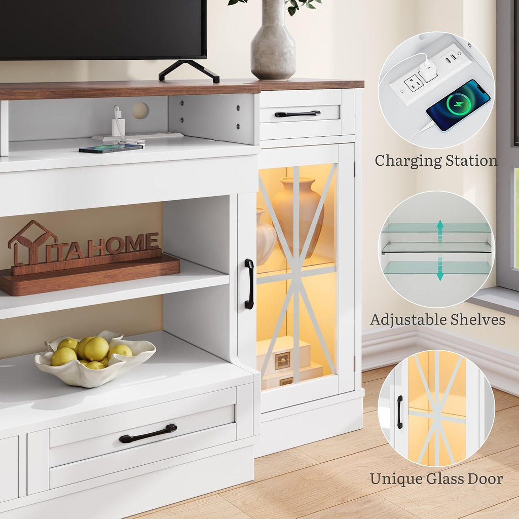 YITAHOME TV Stand for 75/80 Inch TV, Entertainment Center with LED Strip, TV Console Cabinet with Glass Door & Power Outlet for Living Room (White)