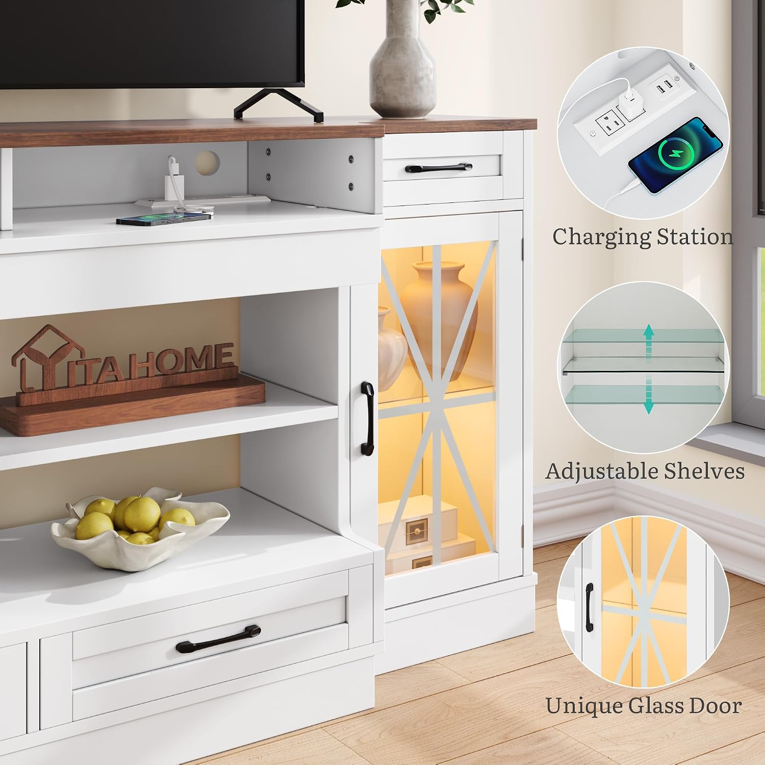 YITAHOME TV Stand for 75/80 Inch TV, Entertainment Center with LED Strip, TV Console Cabinet with Glass Door & Power Outlet for Living Room (White)