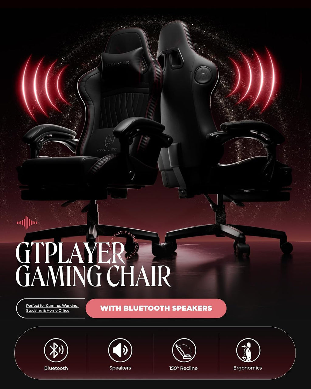 GTPLAYER ACE-PRO Music Gaming Chairs – Built-in Speakers, App Support & Bluetooth Control, Computer Game Chairs with Footrest for Adults, Ergonomic, Reclining, Linkage Armrest, BK‑RD Stitch