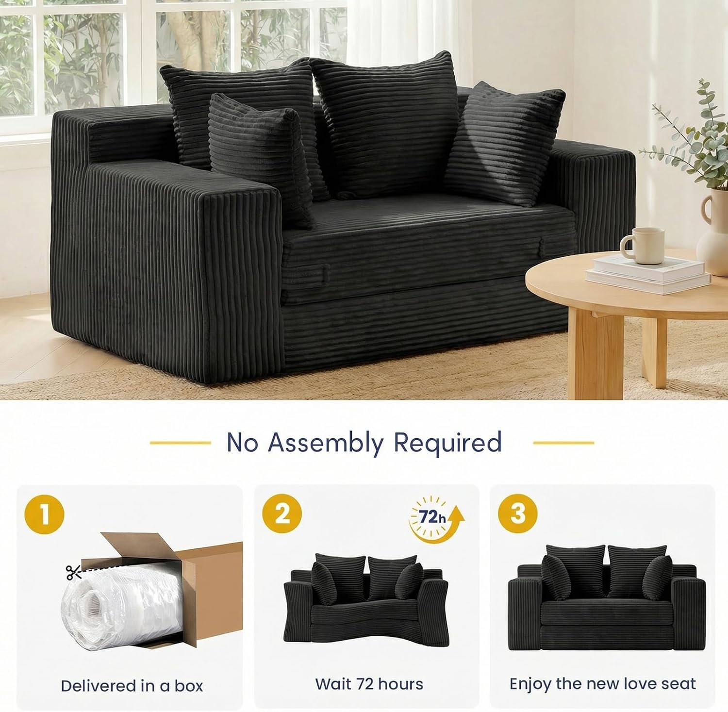 cidludto Boneless Couch Loveseat Sleeper, Convertible Sofa Bed Folding Couch Bed Foldable, 2 in 1 Boneless Chair Bed & Futon Sofa Bed, Small Pull Out Sofa with 4 Pillows for Living Room, Black | No Assembly, Convertible, 2 in 1, Pull Out Handle, 4 Pillows