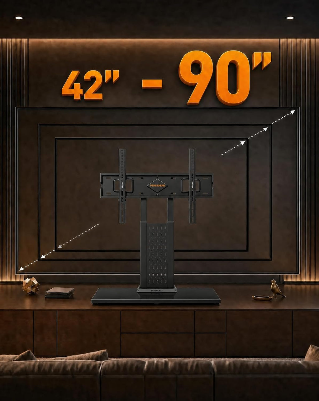 Perlegear Universal Swivel TV Stand for 42-85 90 Inch TVs, Television Stands with Pegboard Storage, Height Adjustable Table top TV Stand Mount, Glass Base up to 150 lbs, Max VESA 600x400mm PGTVS36
