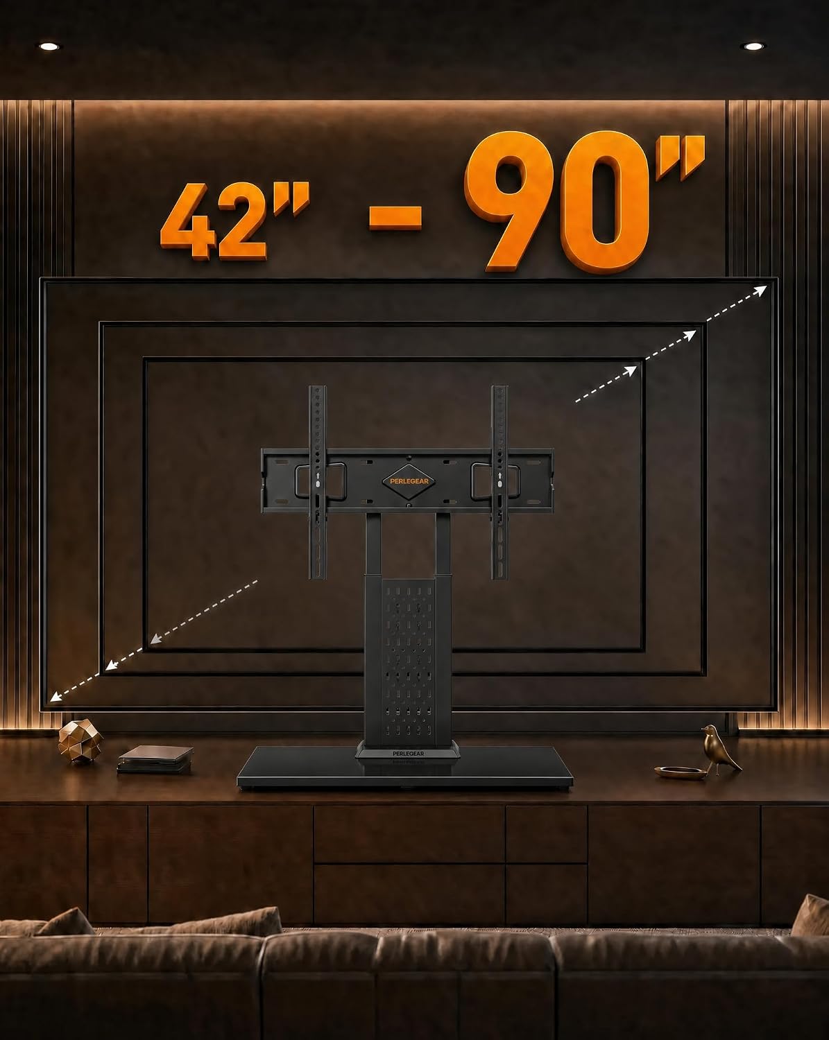 Perlegear Universal Swivel TV Stand for 42-85 90 Inch TVs, Television Stands with Pegboard Storage, Height Adjustable Table top TV Stand Mount, Glass Base up to 150 lbs, Max VESA 600x400mm PGTVS36