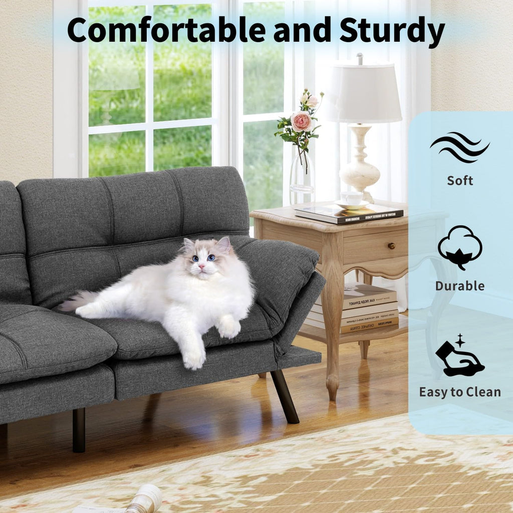 MUUEGM 71' Convertible Futon Sofa Bed, Upholstered Small Futon Couches with Adjustable Backrest, Loveseat Sleeper Bed for Compact Living Room Studio Office (Grey)