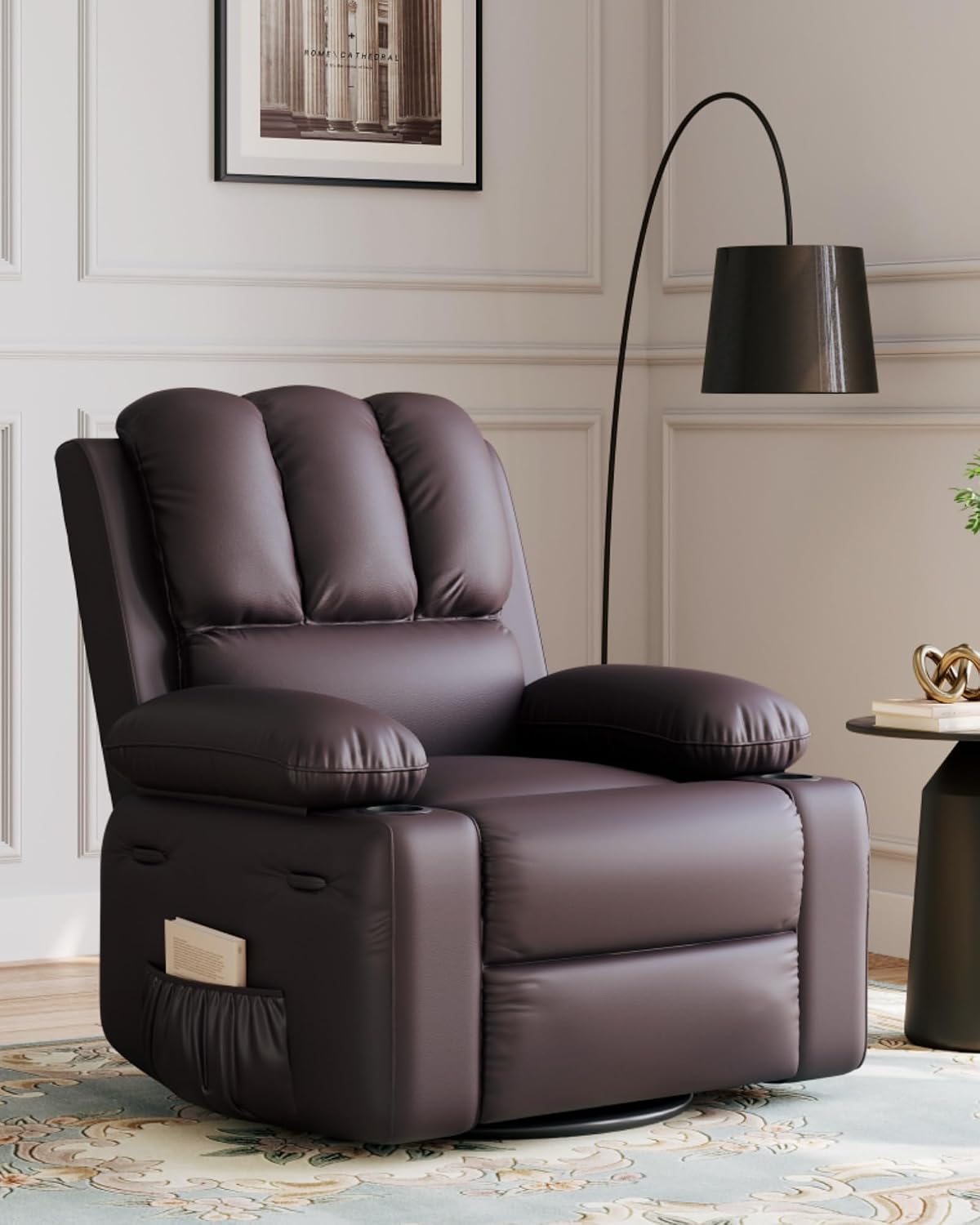 22 in Leather Recliner Chair for Adults, Overstuffed Manual Recliner Chair, Single Sofa with Cup Holder and Side Pockets, Upholstered Chair for Living Rooms, Coffee