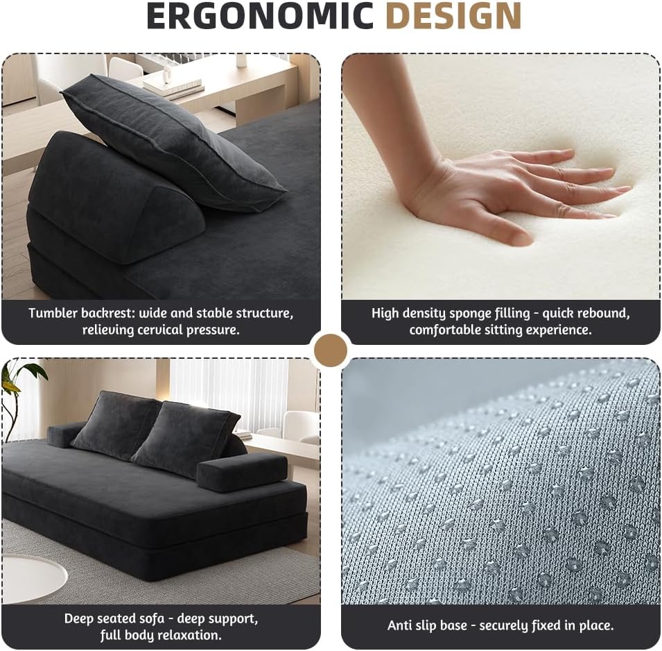 86.6' Queen Floor Sleeper Sofa Bed | Convertible Foam Folding Mattress Couch | King Size Futon Couch Bed for Adjustable Backrests | Sleeper Lounge Chair for Living Room, Playroom, Apartment, Dark Grey