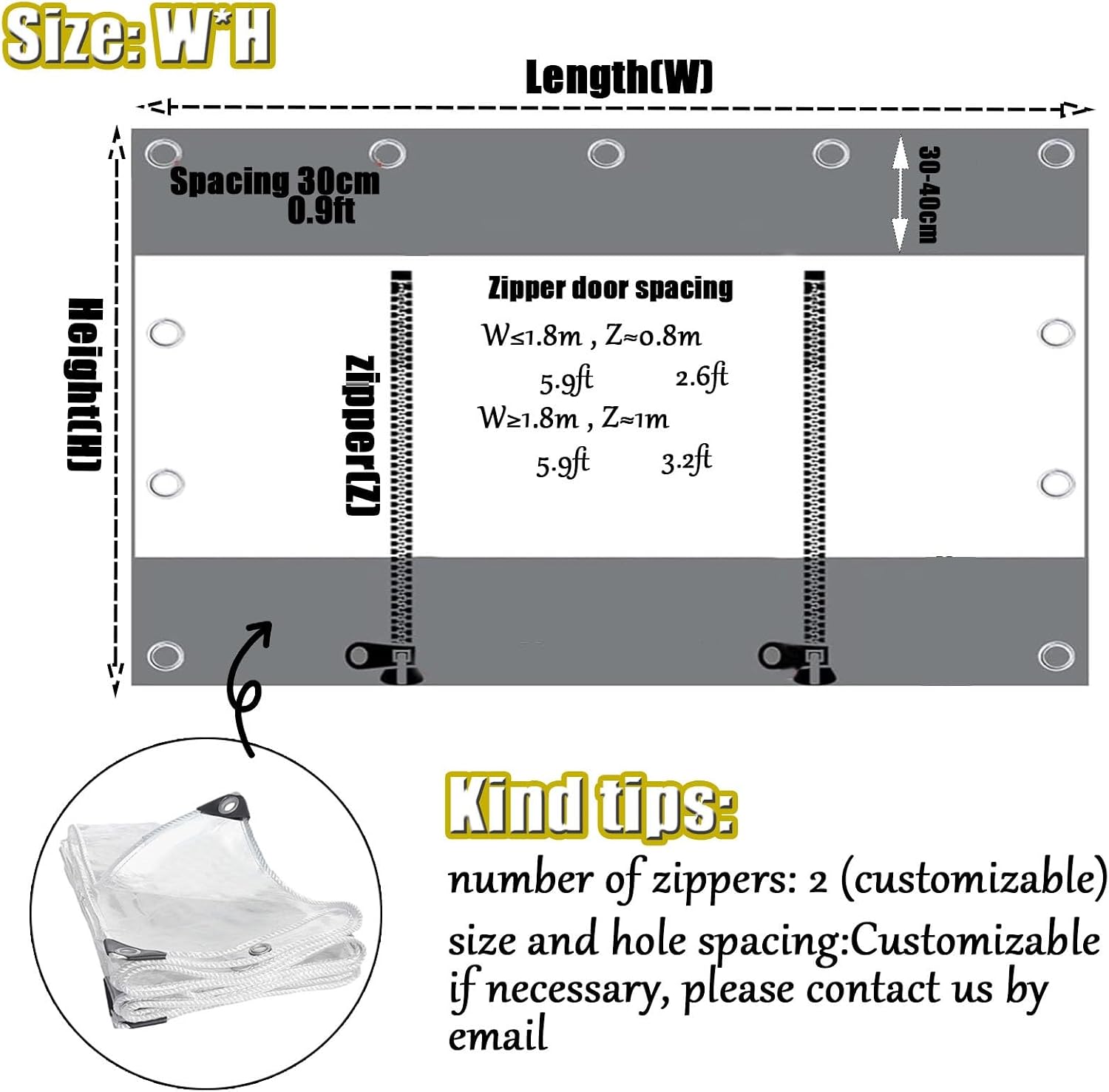 Outdoor Tarp Curtains with Zipper Door,Outdoor Clear Waterproof Tarpaulin Curtains,Waterproof Clear Tarp Curtains,PVC Plastic Tarpaulin with Zipper,for Pergola Gazebo(7x10m/22.97x32.81ft)