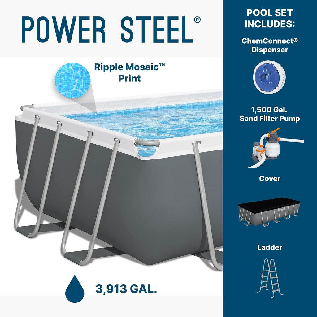 Bestway Power Steel 18' x 9' x 48' Above Ground Pool, Rectangular Metal Frame Outdoor Swimming Pool Set with Sand Filter Pump, Ladder, and Cover