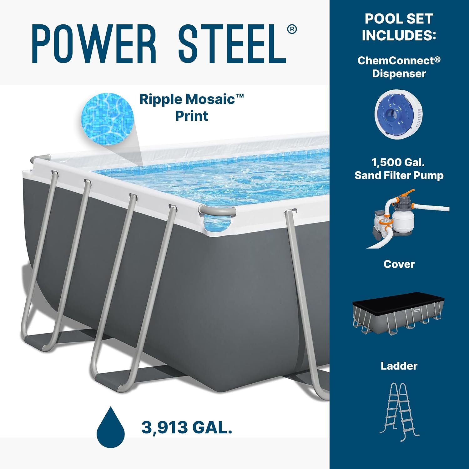 Bestway Power Steel 18' x 9' x 48' Above Ground Pool, Rectangular Metal Frame Outdoor Swimming Pool Set with Sand Filter Pump, Ladder, and Cover