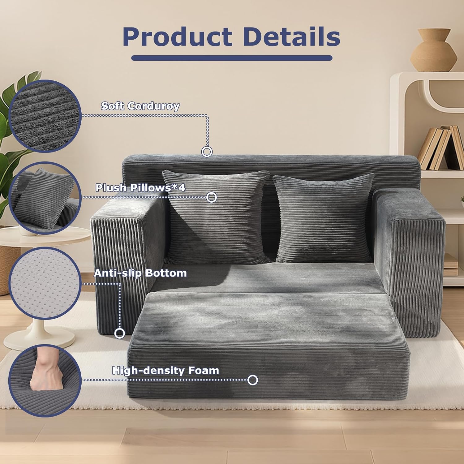 Convertible Sofa Bed, Boneless Couch Loveseat Sleeper, 2 in 1 Folding Couch Bed, Fold Out Comfy Floor Futon Sofa with Pillows for Living Room Bedroom, Grey