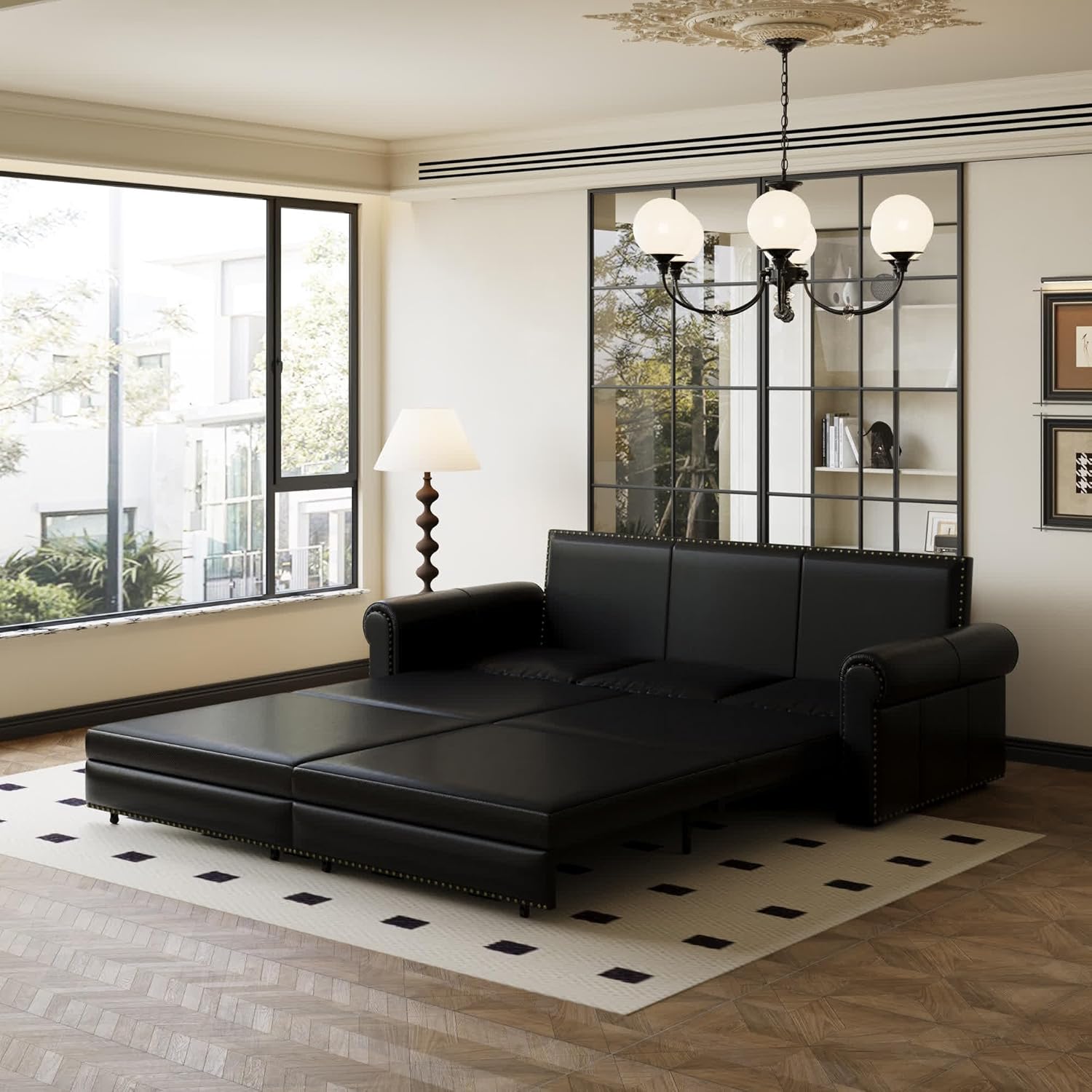 93.7' King Pull Out Sofa Bed, Faux Leather Sleeper Sofa Couch, 3 in 1 Convertible Futon Couches for Living Room, Small Space, Apartment, Office, Bedroom, Modern Rivet Armrest, Black