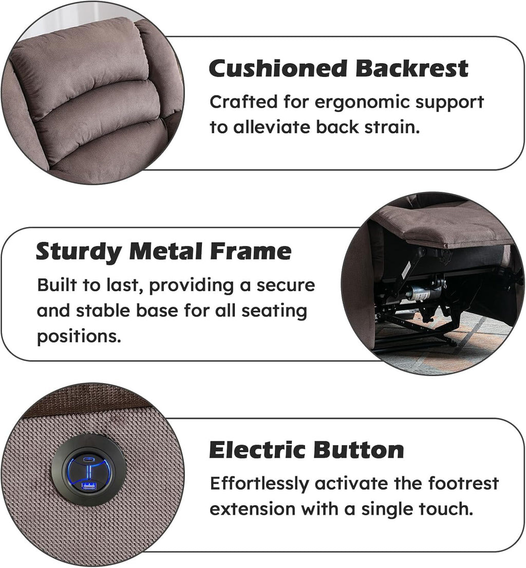 EBELLO Classic Power Recliner Chair, Oversized Electric Reclining Chair with Overstuffed Cushion and Back, Soft Fabric Adults Single Recliner Sofa for Living Room, Brown