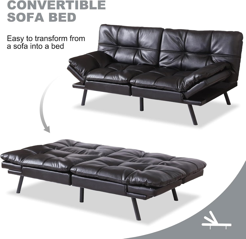 MUUEGM Futon Sofa Bed Convertible Couch,Memory Foam Futon Sofa Couch,Sleeper Futons Sofa Couches,Small Splitback Modern Loveseat Sofa Bed for Living Room,Office,Apartment,Faux Leather,Black.