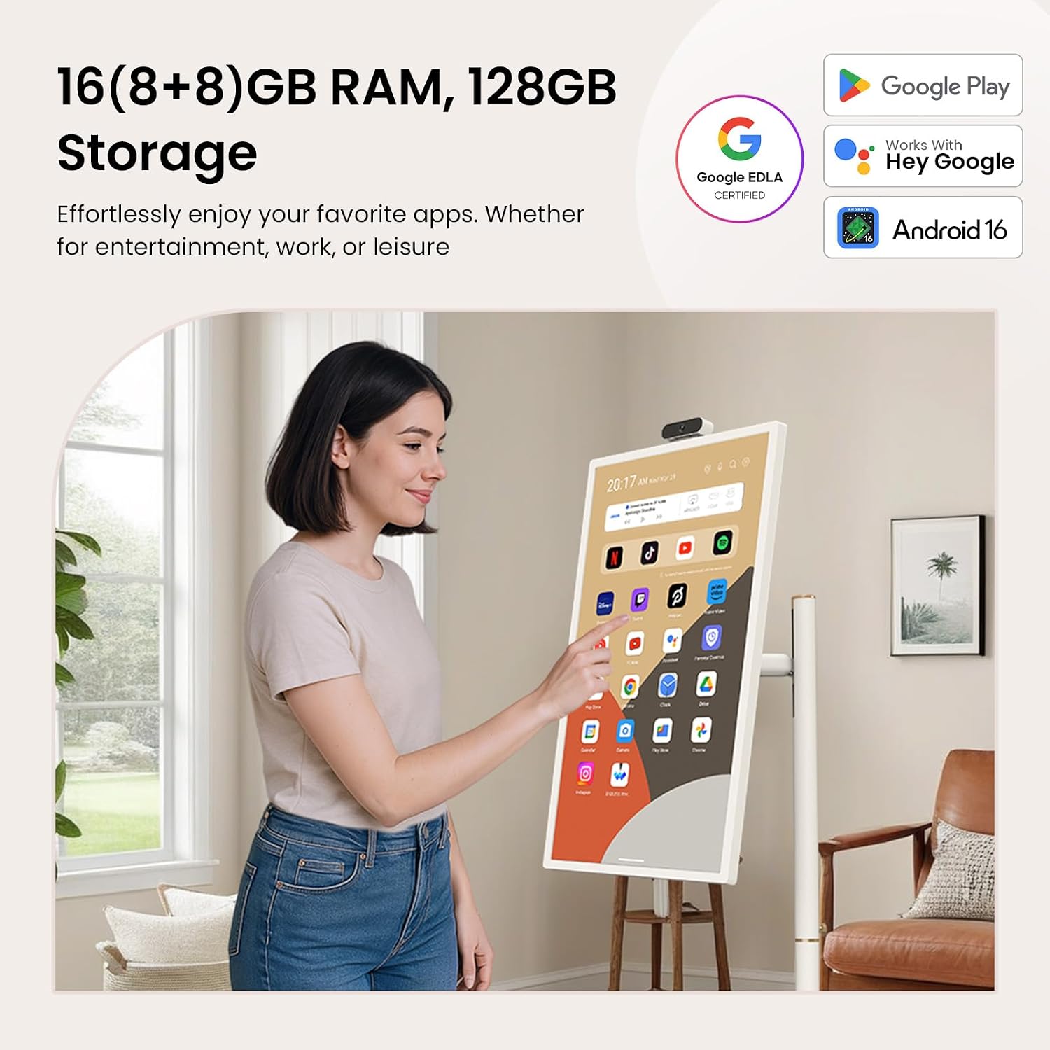 ApoloSign 32 Inch FHD Smart Portable TV 2nd Gen, 16(8+8) GB RAM+128GB, Android 16, EDLA-Certified, Rolling Tablet TV on Wheels, Built-in 15000mAh Battery, Full Swivel Rotation, Voice Remote Control