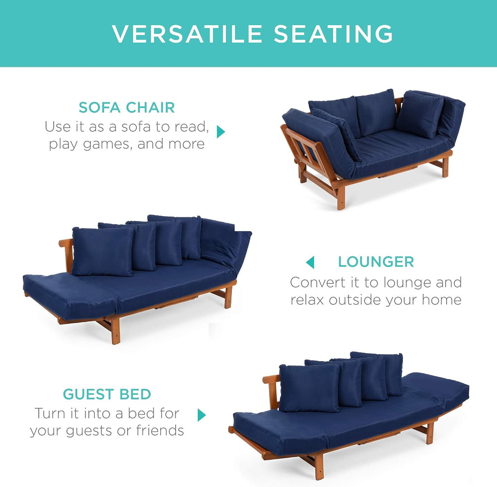 Best Choice Products Outdoor Convertible Acacia Wood Futon Sofa Furniture for Patio, Balcony, Poolside, Backyard w/Pullout Tray, Removable Weather-Resistant Cushion & 4 Pillows - Navy Blue