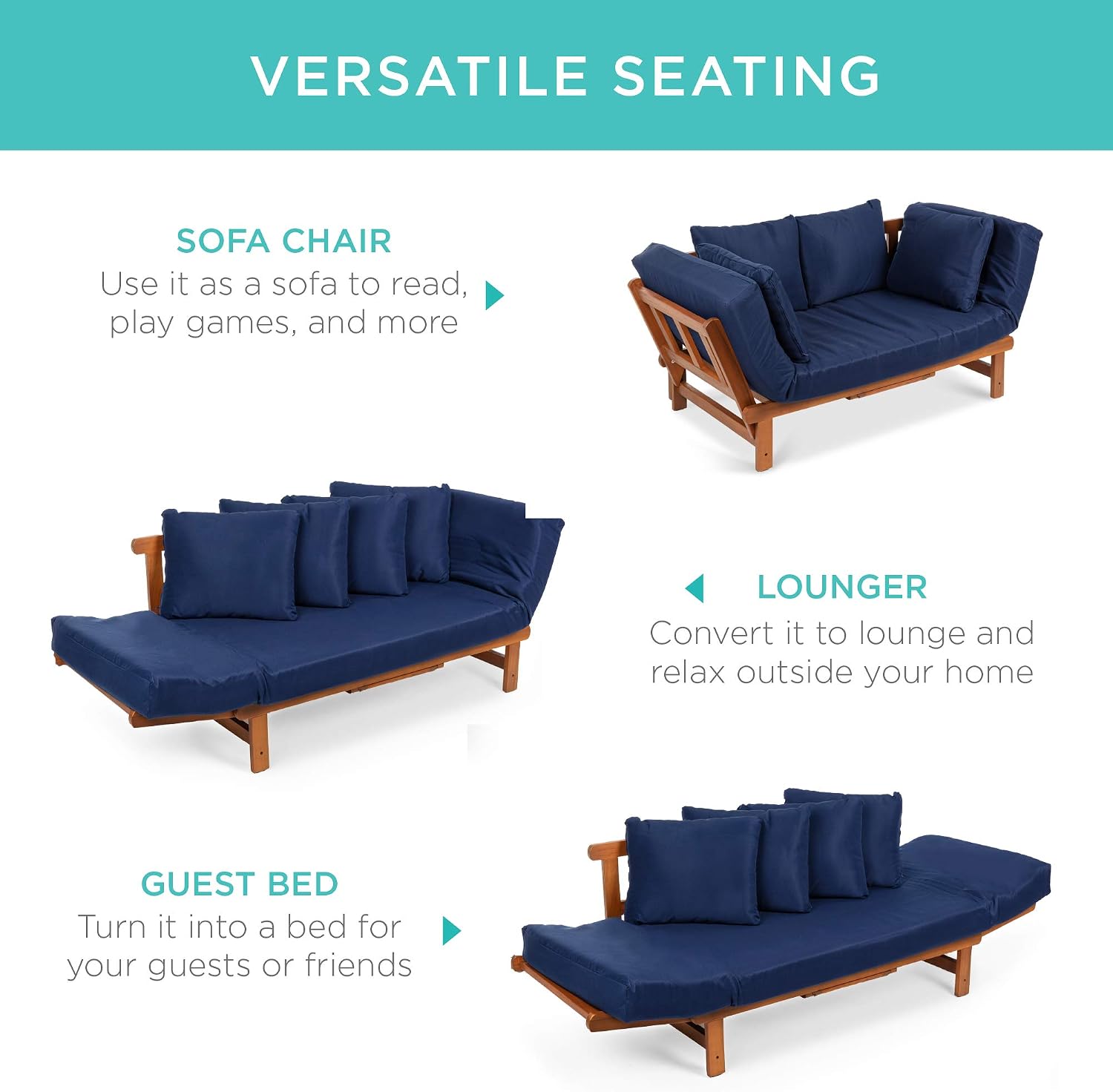Best Choice Products Outdoor Convertible Acacia Wood Futon Sofa Furniture for Patio, Balcony, Poolside, Backyard w/Pullout Tray, Removable Weather-Resistant Cushion & 4 Pillows - Navy Blue